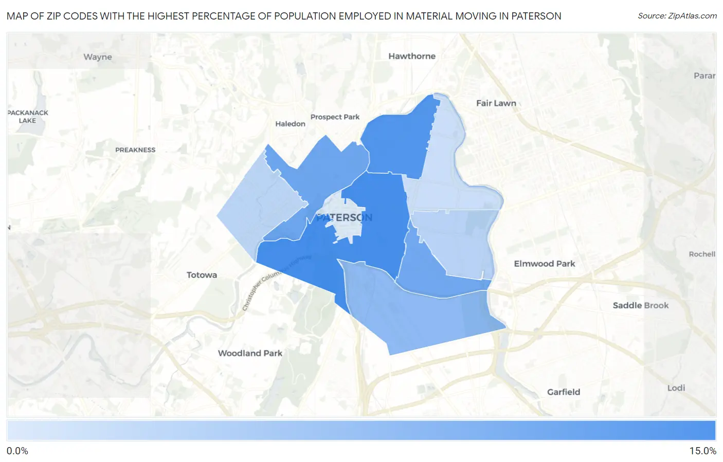 Zip Codes with the Highest Percentage of Population Employed in Material Moving in Paterson Map