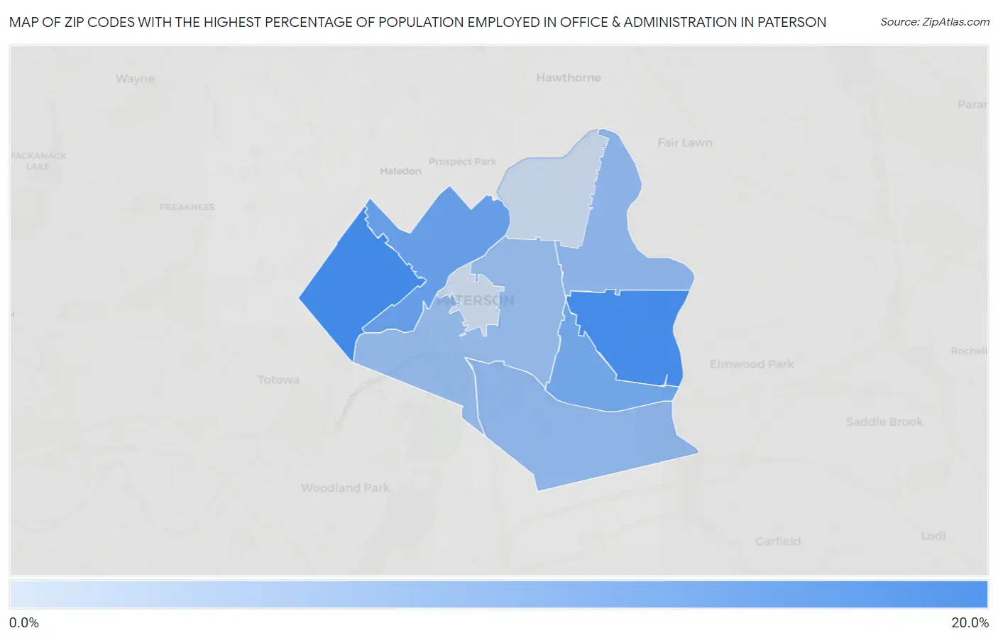 Zip Codes with the Highest Percentage of Population Employed in Office & Administration in Paterson Map