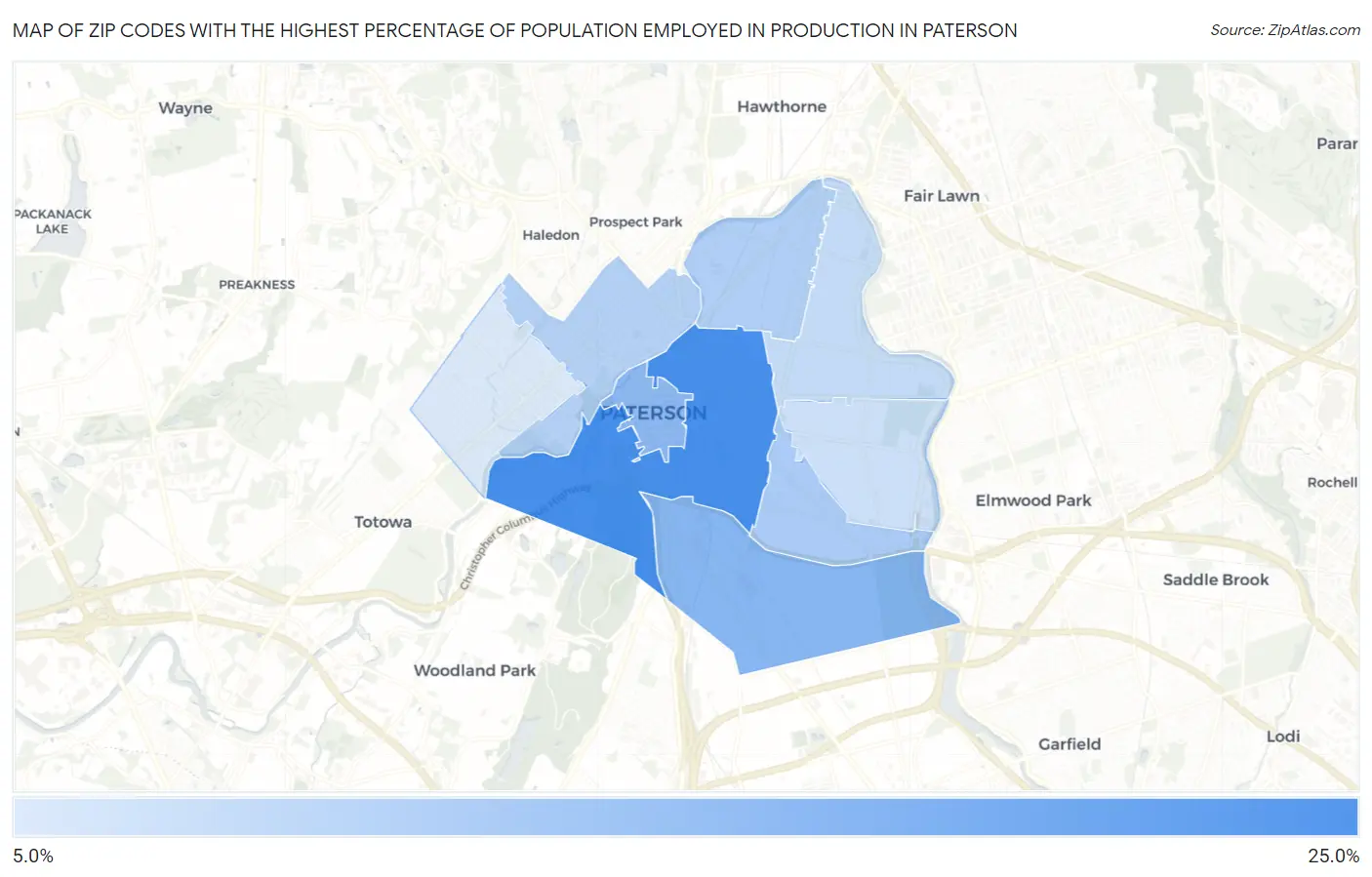 Zip Codes with the Highest Percentage of Population Employed in Production in Paterson Map