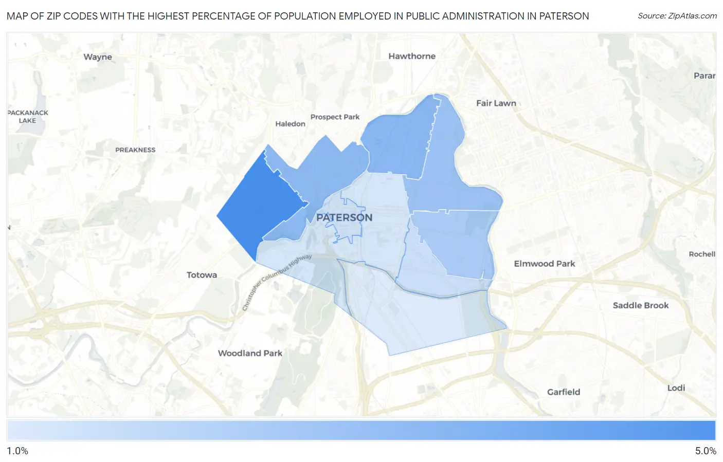 Zip Codes with the Highest Percentage of Population Employed in Public Administration in Paterson Map