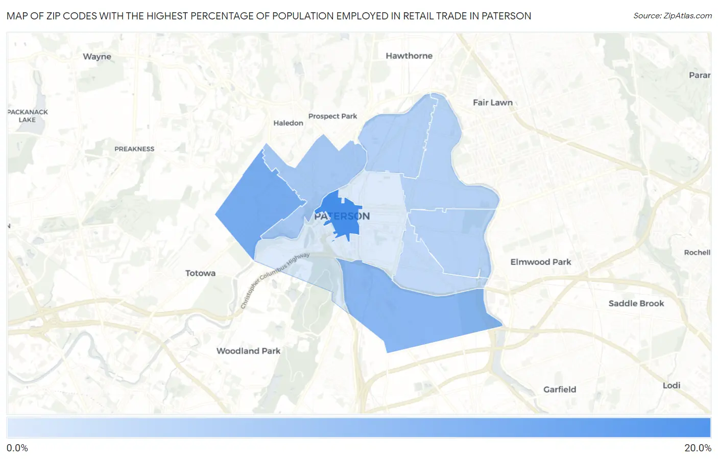 Zip Codes with the Highest Percentage of Population Employed in Retail Trade in Paterson Map