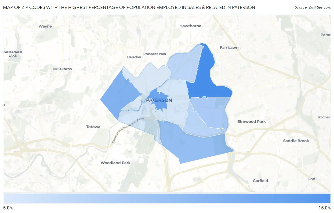 Zip Codes with the Highest Percentage of Population Employed in Sales & Related in Paterson Map