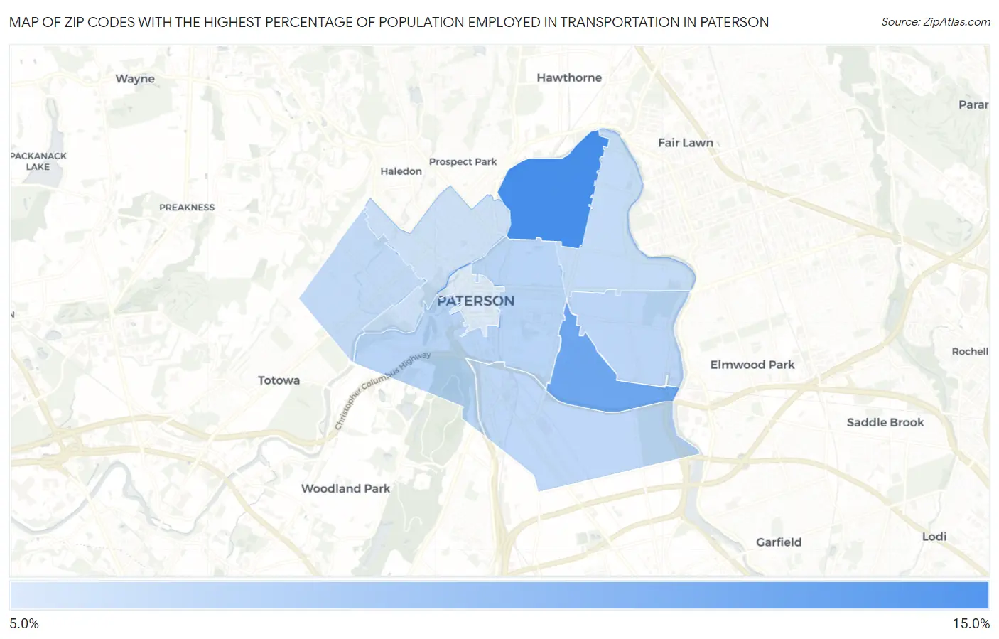Zip Codes with the Highest Percentage of Population Employed in Transportation in Paterson Map