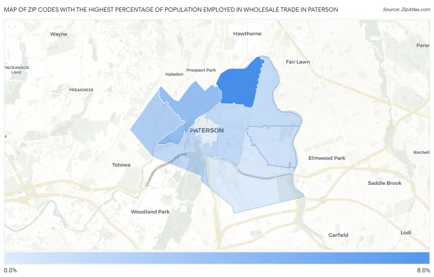 Zip Codes with the Highest Percentage of Population Employed in Wholesale Trade in Paterson Map