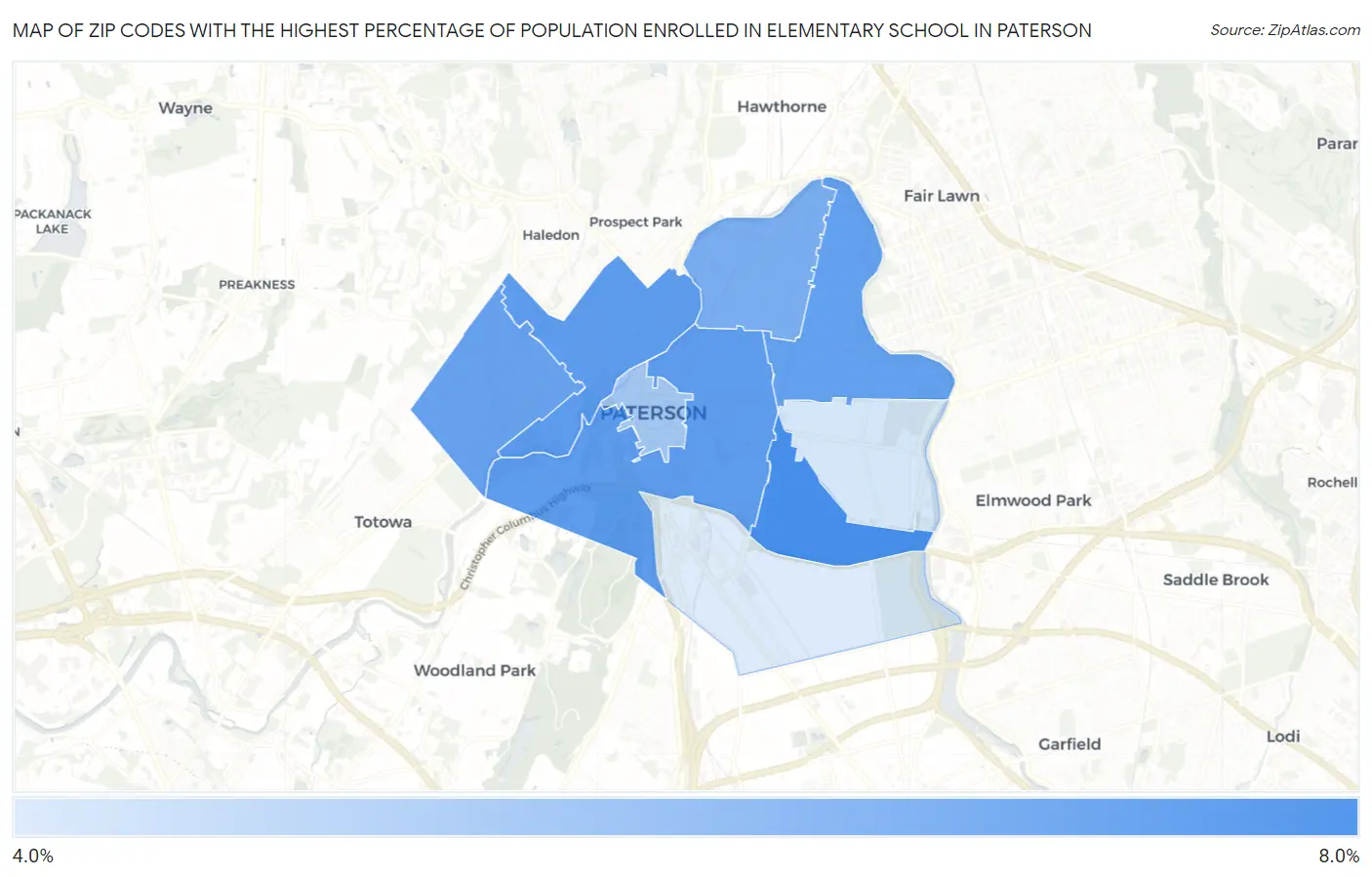 Zip Codes with the Highest Percentage of Population Enrolled in Elementary School in Paterson Map