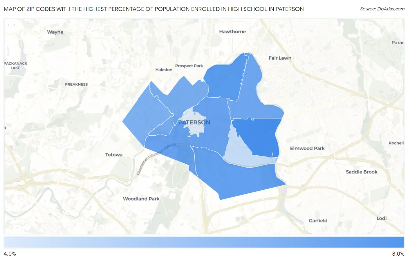 Zip Codes with the Highest Percentage of Population Enrolled in High School in Paterson Map