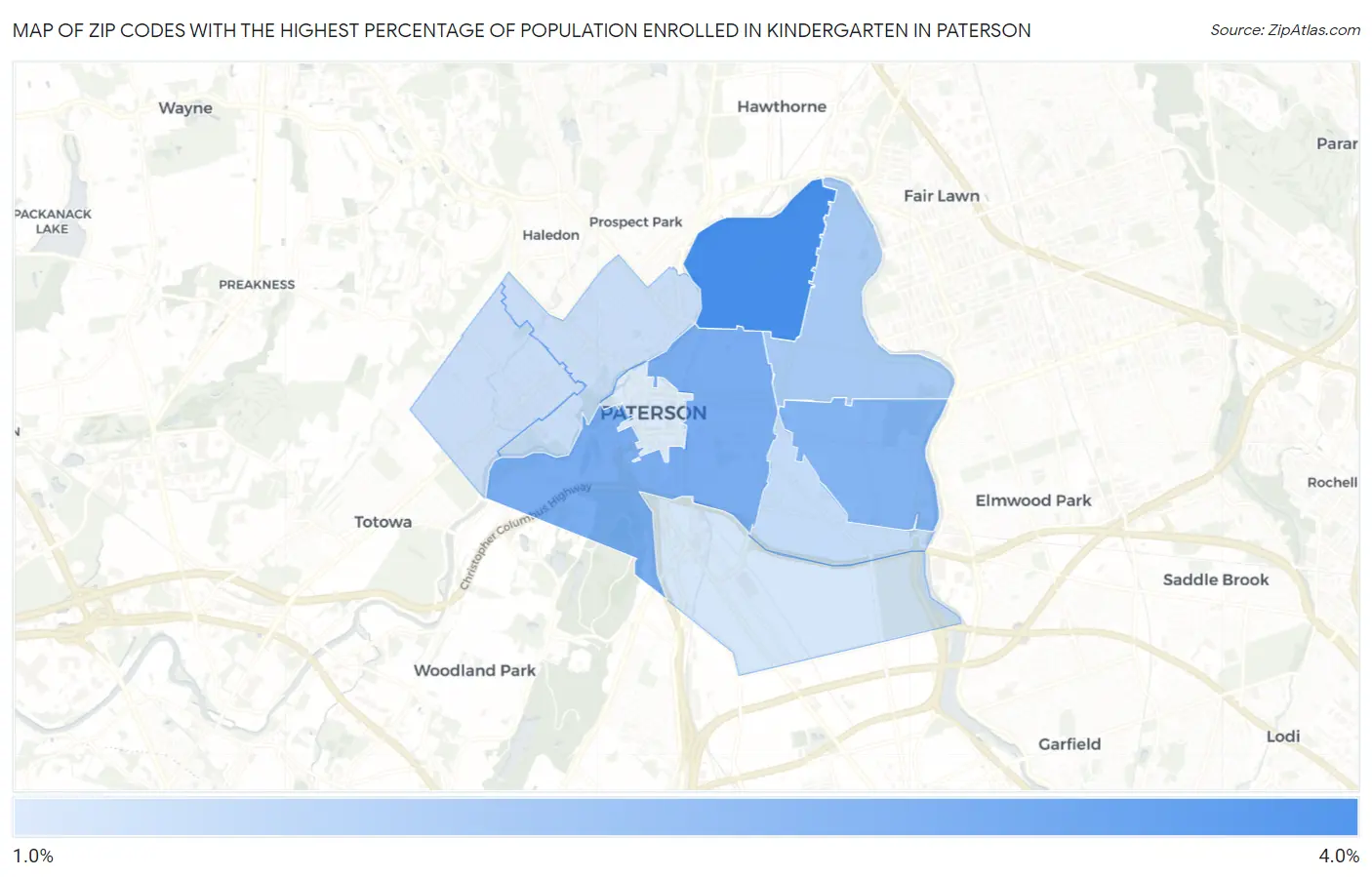 Zip Codes with the Highest Percentage of Population Enrolled in Kindergarten in Paterson Map