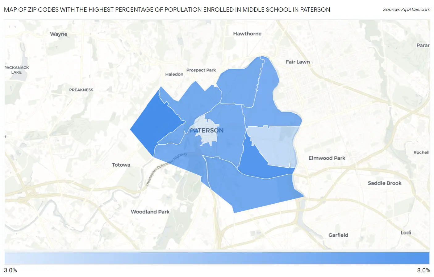 Zip Codes with the Highest Percentage of Population Enrolled in Middle School in Paterson Map