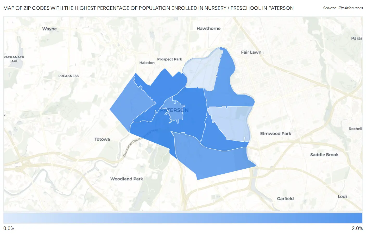 Zip Codes with the Highest Percentage of Population Enrolled in Nursery / Preschool in Paterson Map