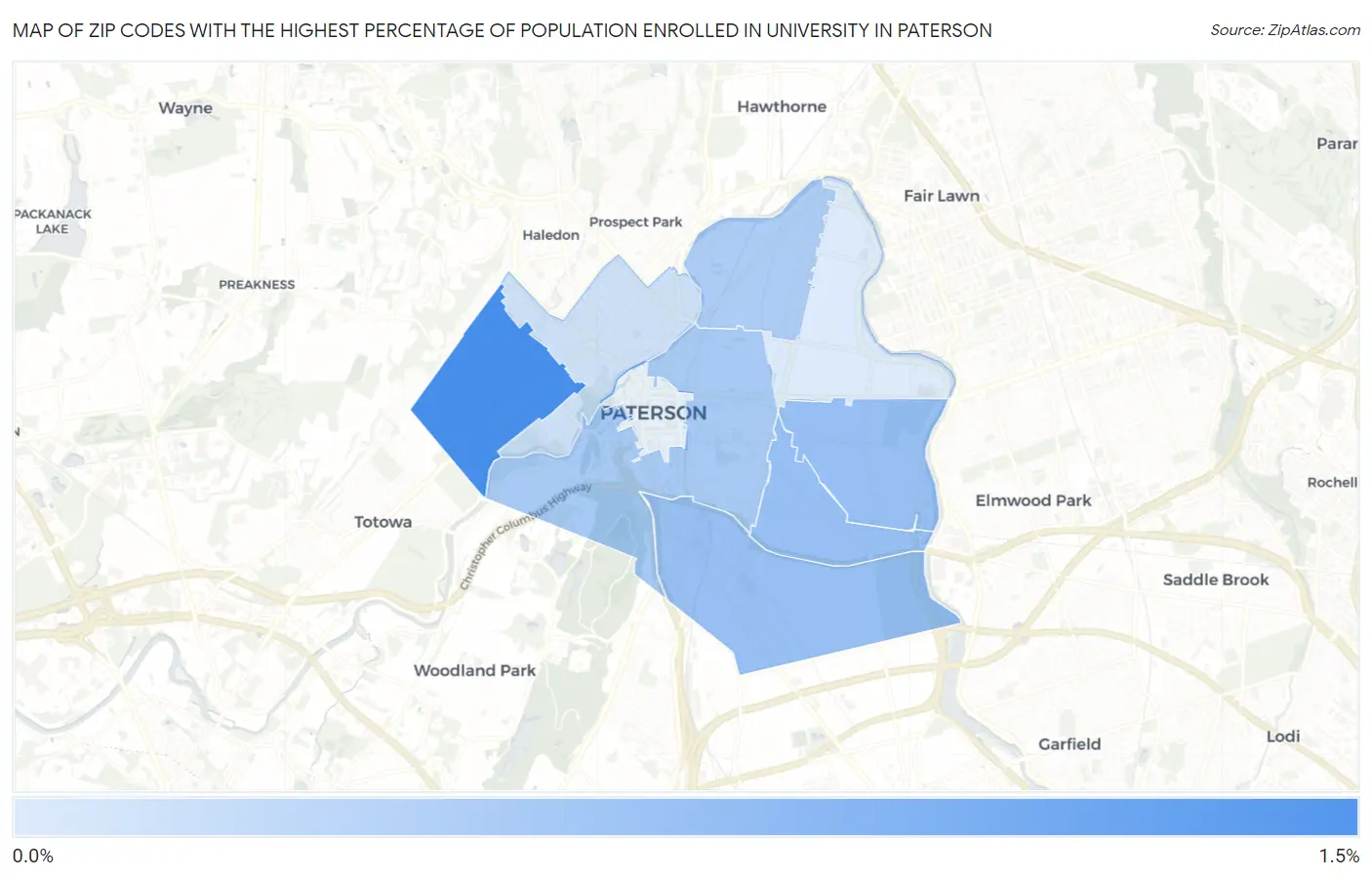 Zip Codes with the Highest Percentage of Population Enrolled in University in Paterson Map