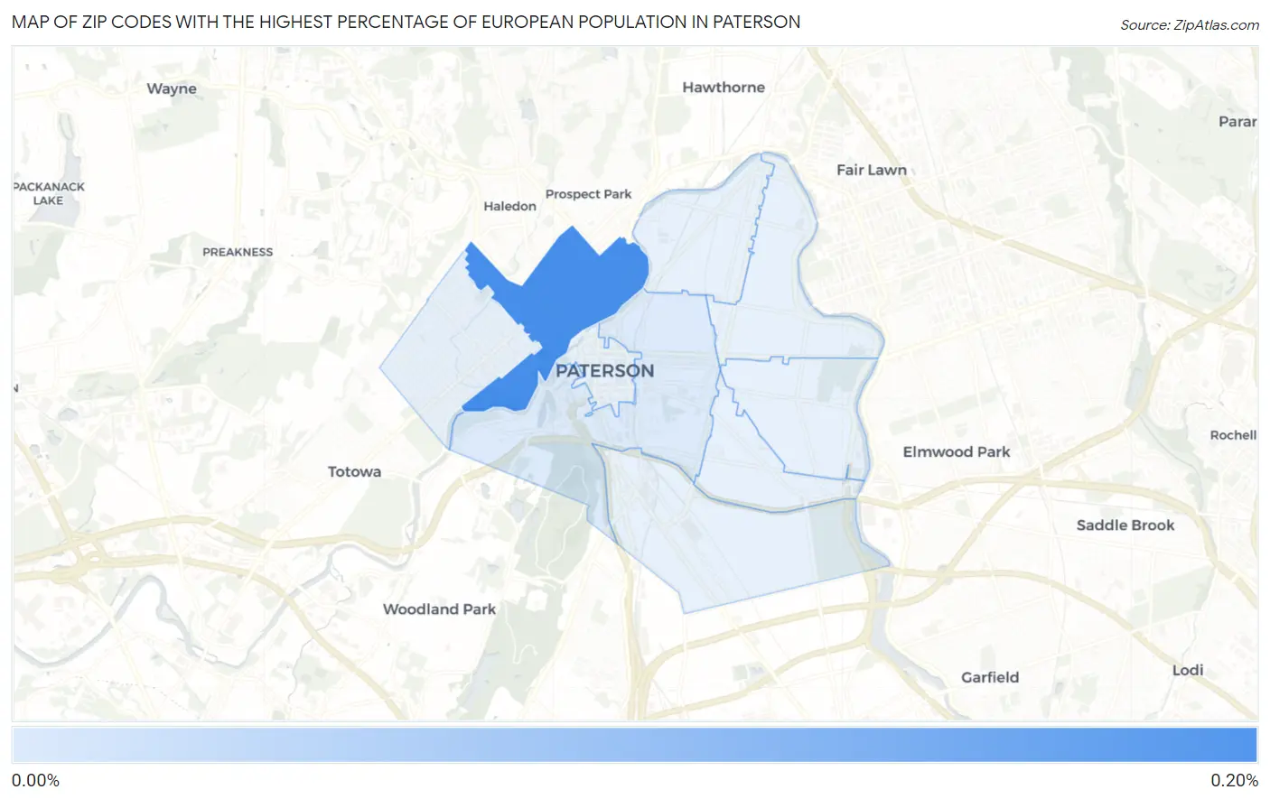 Zip Codes with the Highest Percentage of European Population in Paterson Map