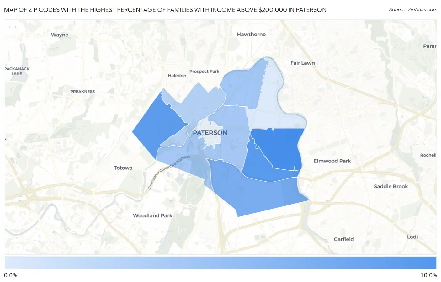 Zip Codes with the Highest Percentage of Families with Income Above $200,000 in Paterson Map