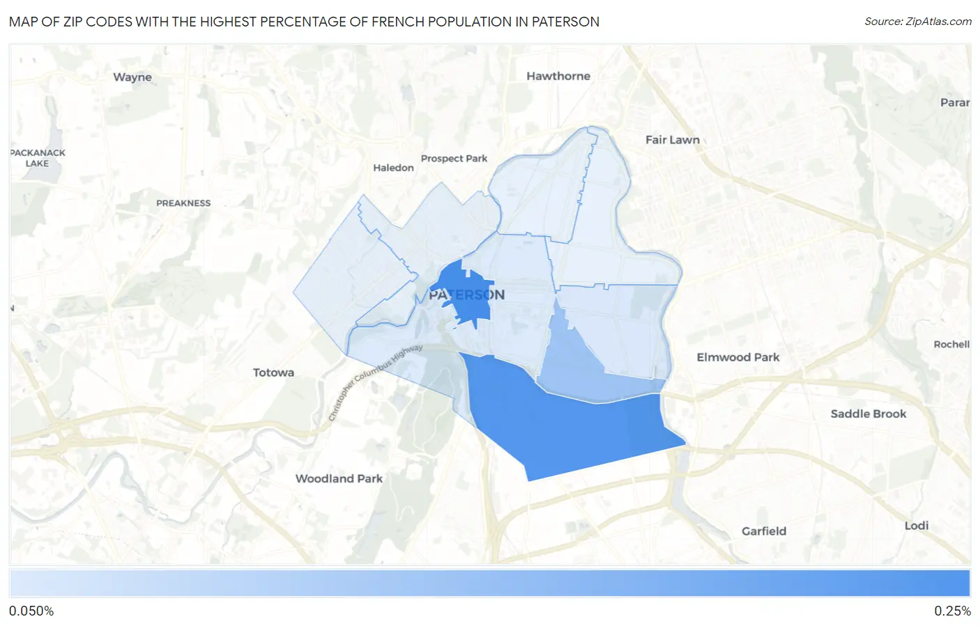 Zip Codes with the Highest Percentage of French Population in Paterson Map