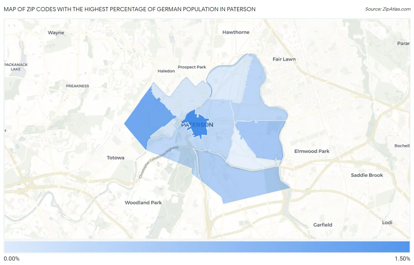 Zip Codes with the Highest Percentage of German Population in Paterson Map