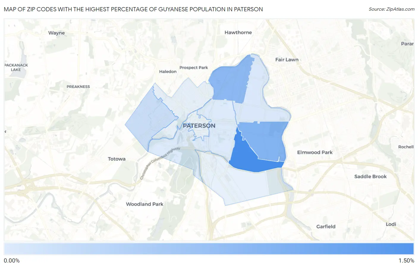 Zip Codes with the Highest Percentage of Guyanese Population in Paterson Map