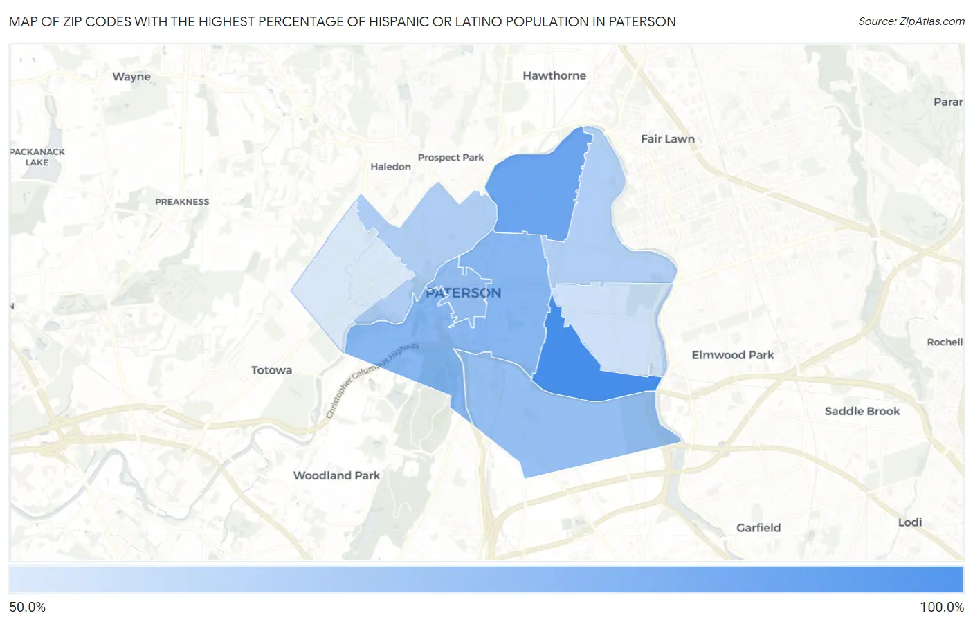 Zip Codes with the Highest Percentage of Hispanic or Latino Population in Paterson Map