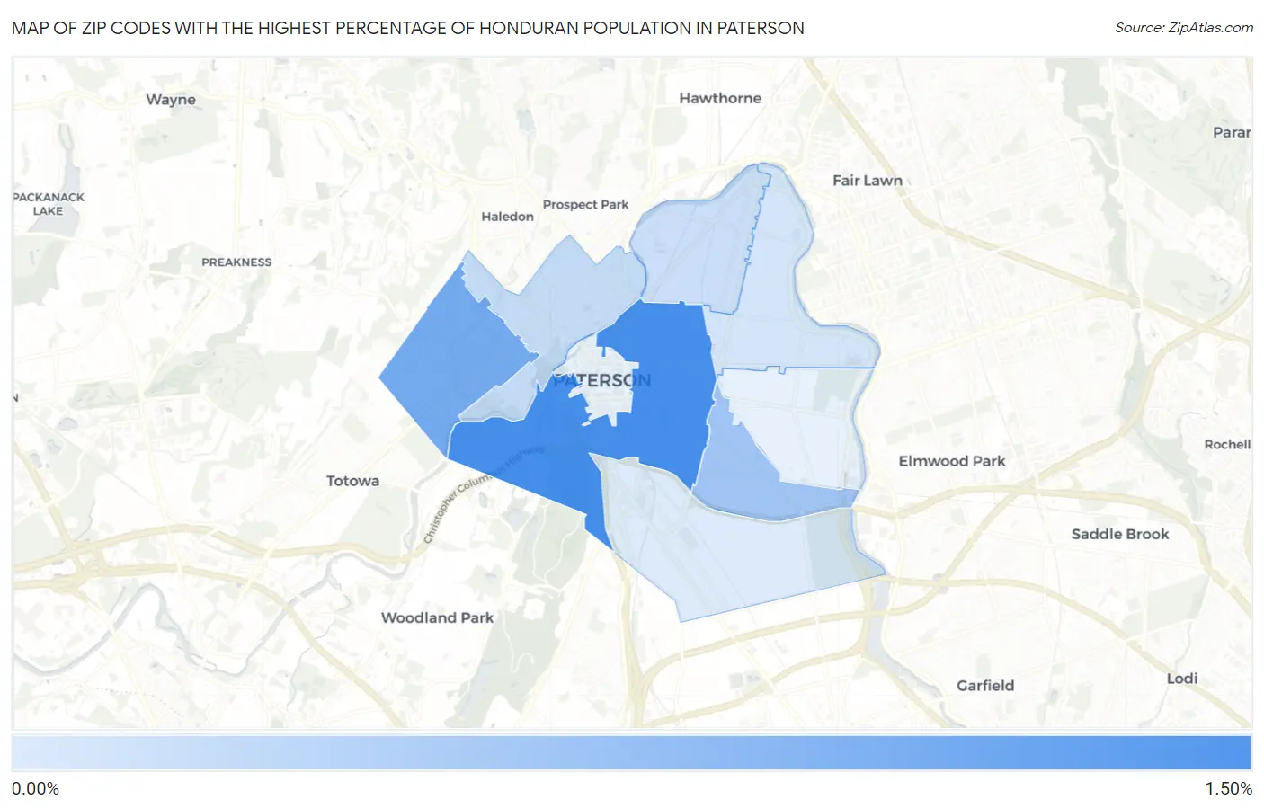 Zip Codes with the Highest Percentage of Honduran Population in Paterson Map