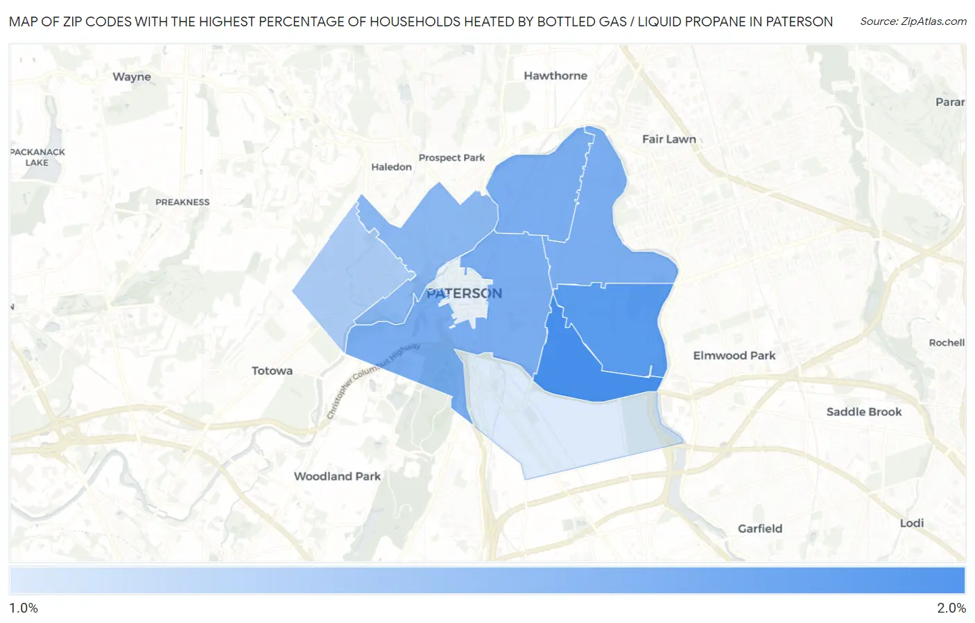 Zip Codes with the Highest Percentage of Households Heated by Bottled Gas / Liquid Propane in Paterson Map