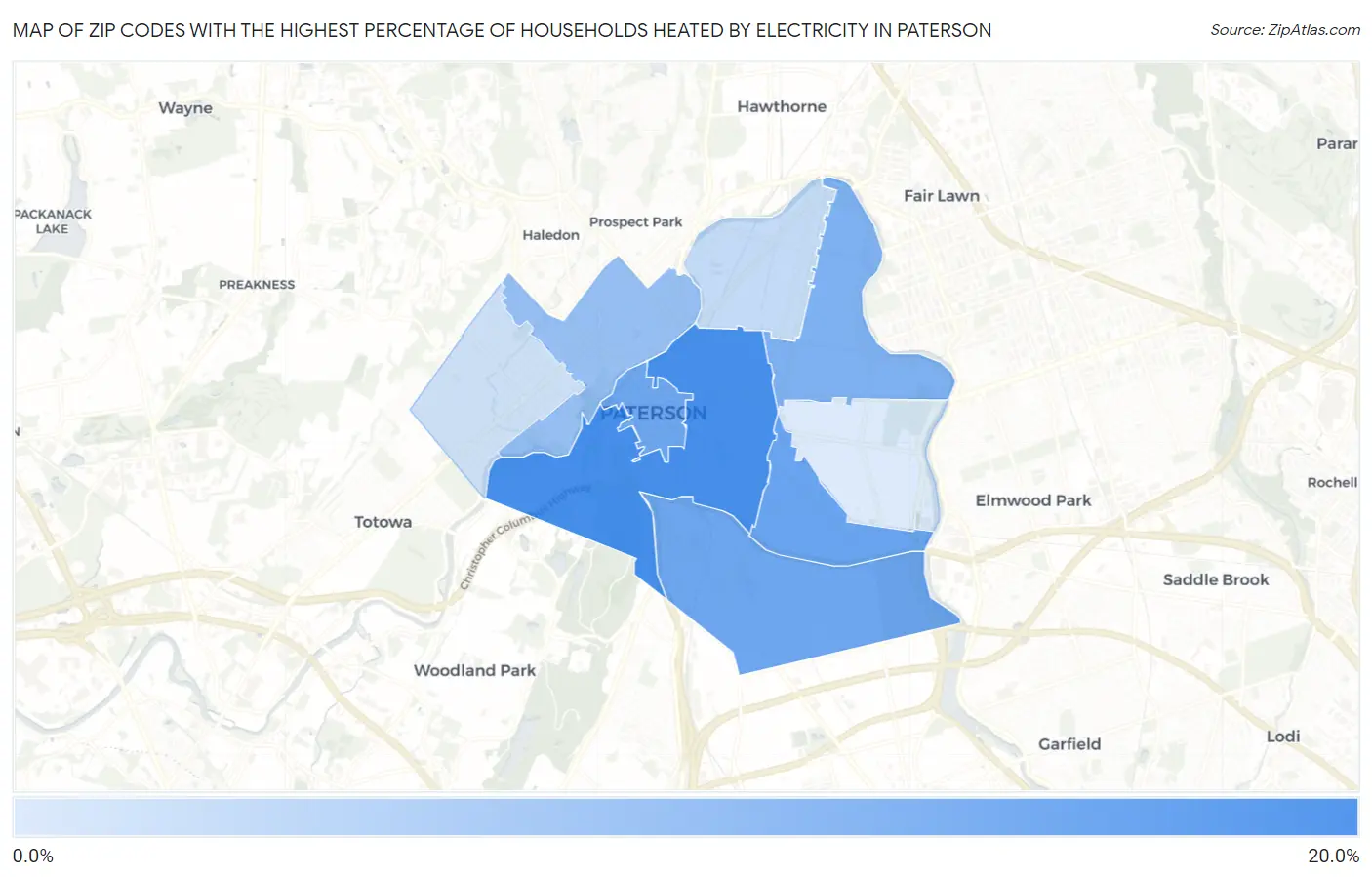 Zip Codes with the Highest Percentage of Households Heated by Electricity in Paterson Map
