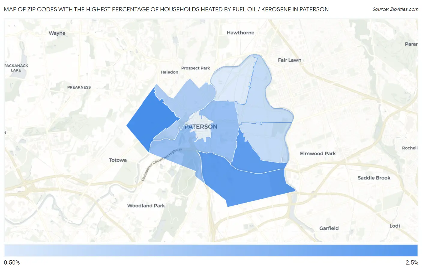 Zip Codes with the Highest Percentage of Households Heated by Fuel Oil / Kerosene in Paterson Map