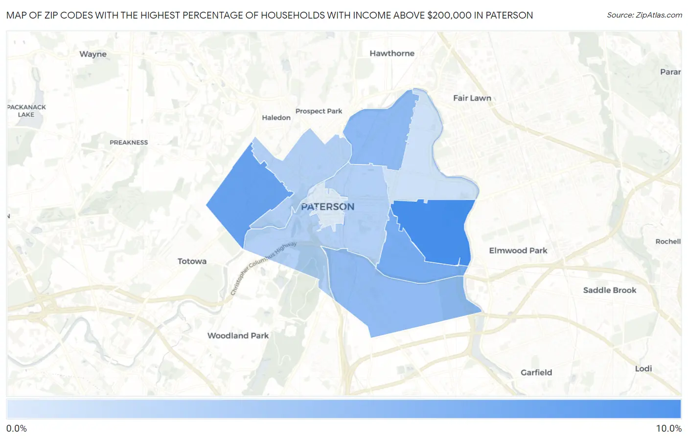 Zip Codes with the Highest Percentage of Households with Income Above $200,000 in Paterson Map