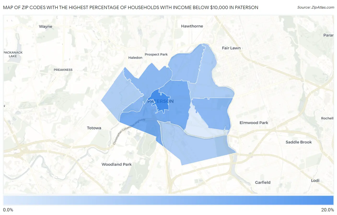 Zip Codes with the Highest Percentage of Households with Income Below $10,000 in Paterson Map