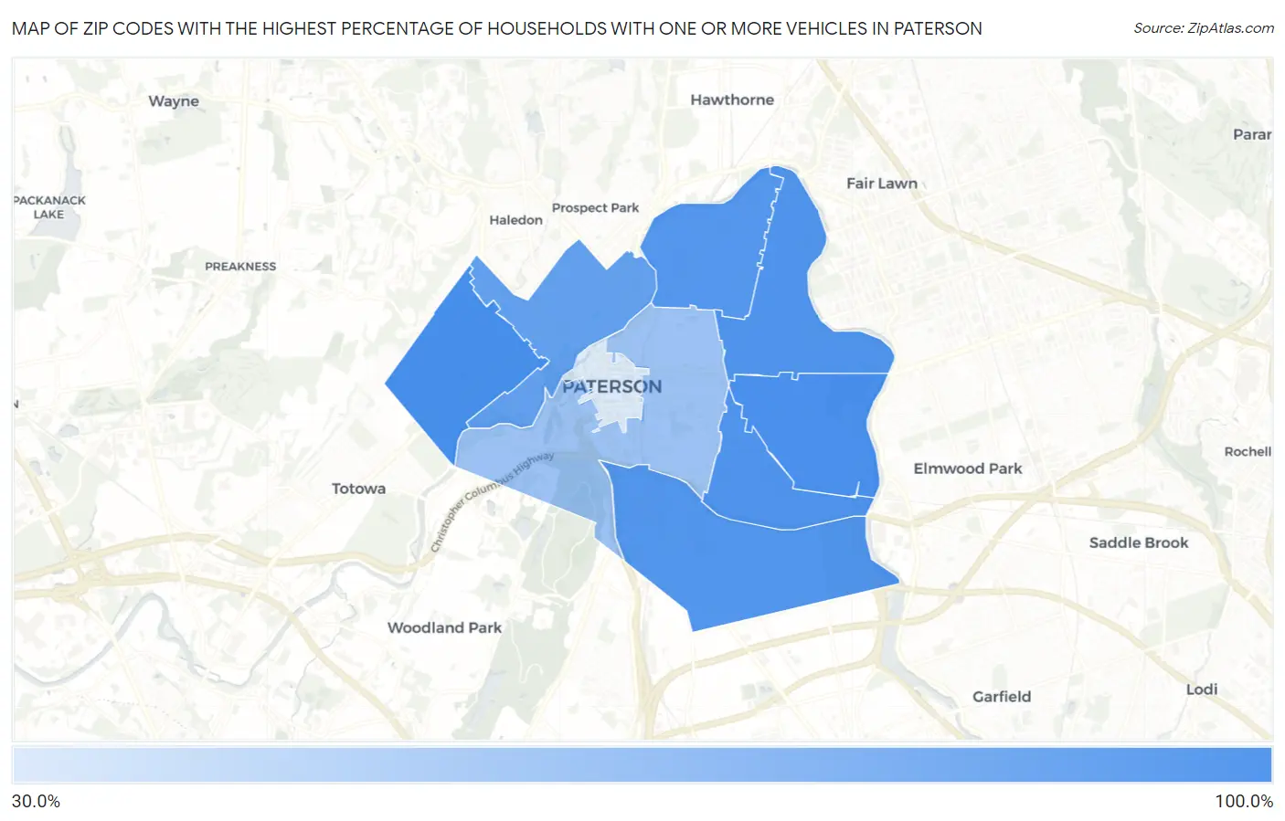 Zip Codes with the Highest Percentage of Households With One or more Vehicles in Paterson Map