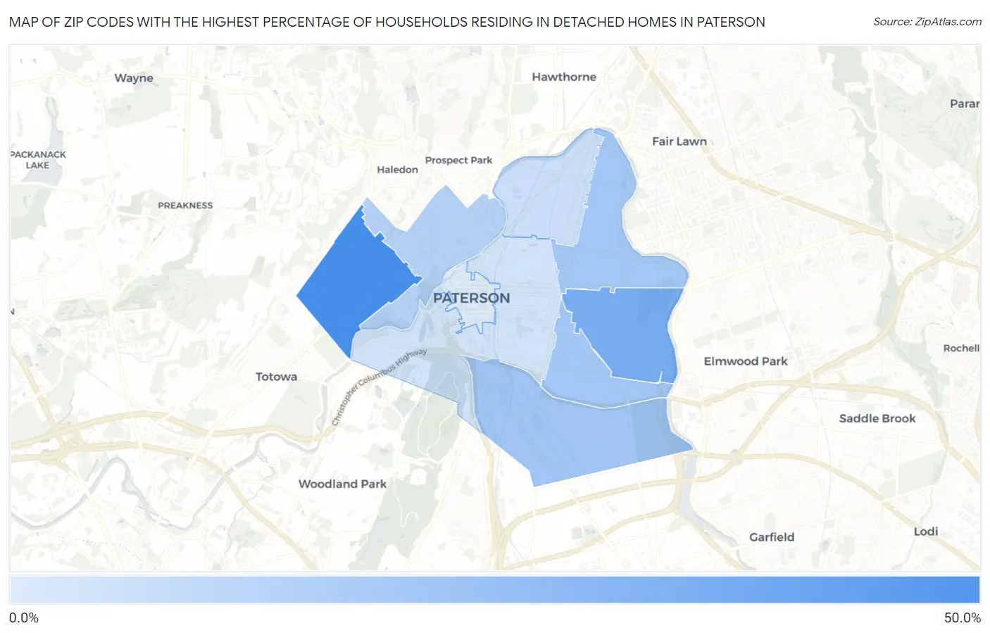Zip Codes with the Highest Percentage of Households Residing in Detached Homes in Paterson Map