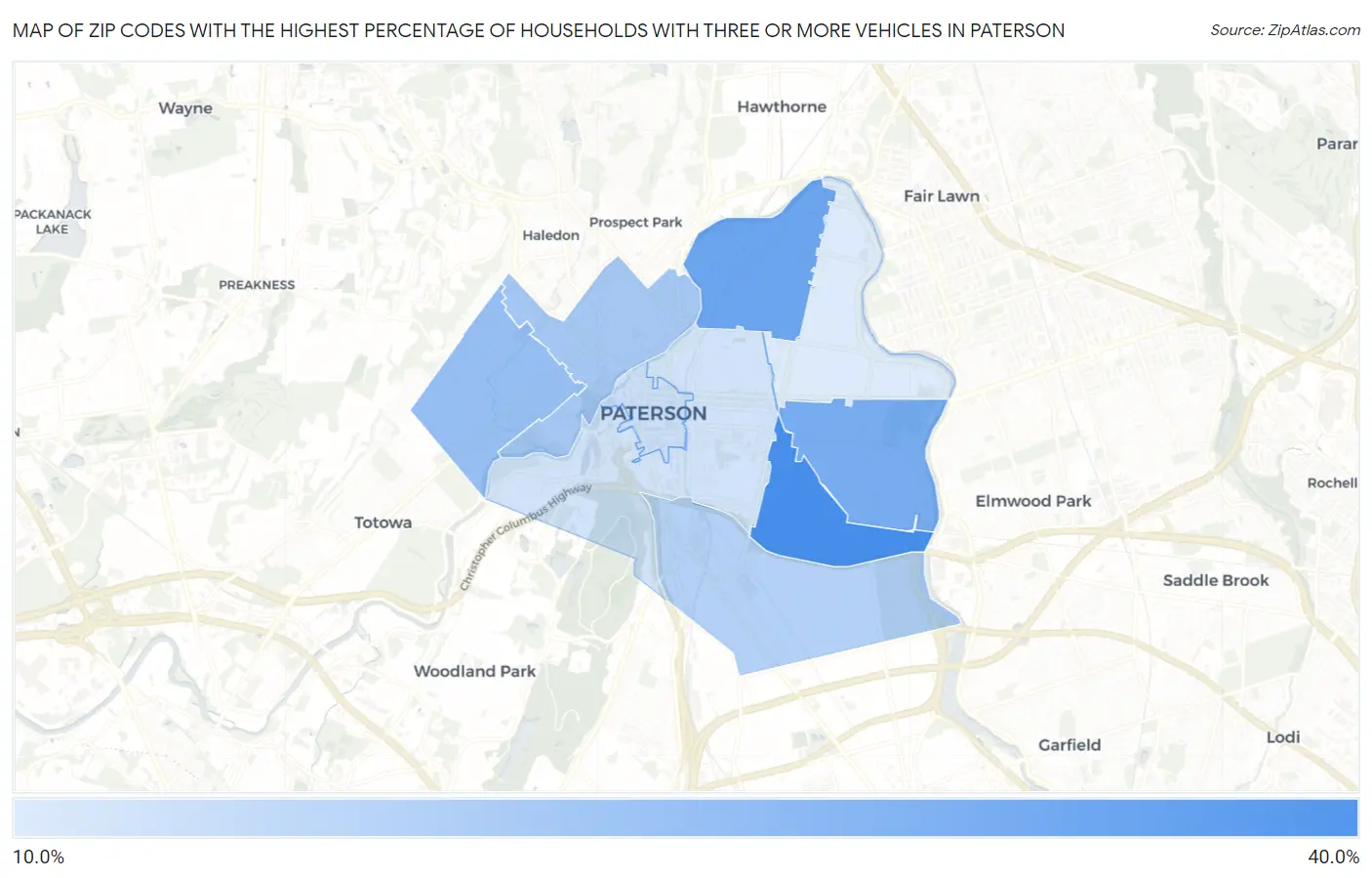 Zip Codes with the Highest Percentage of Households With Three or more Vehicles in Paterson Map