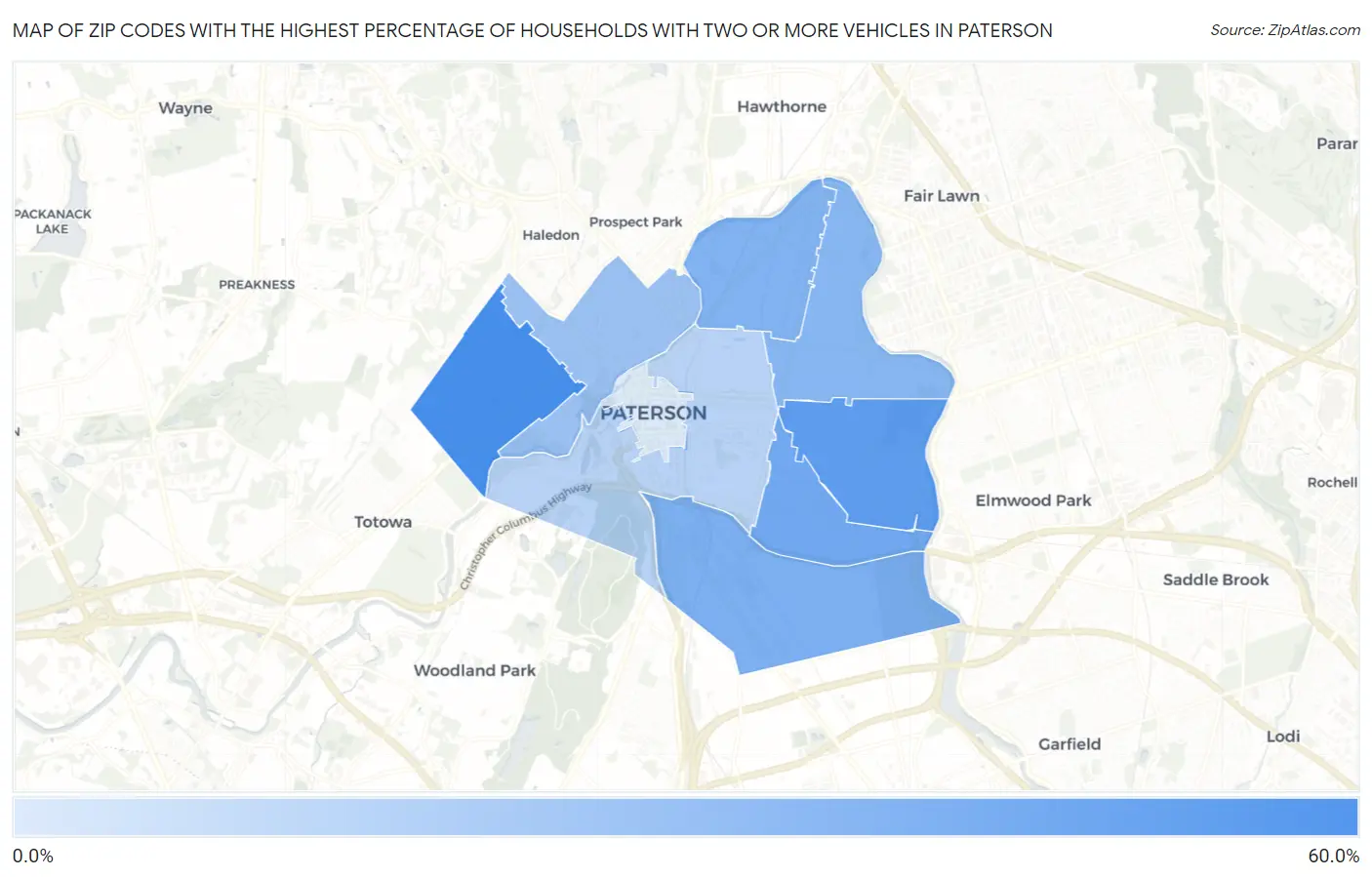 Zip Codes with the Highest Percentage of Households With Two or more Vehicles in Paterson Map