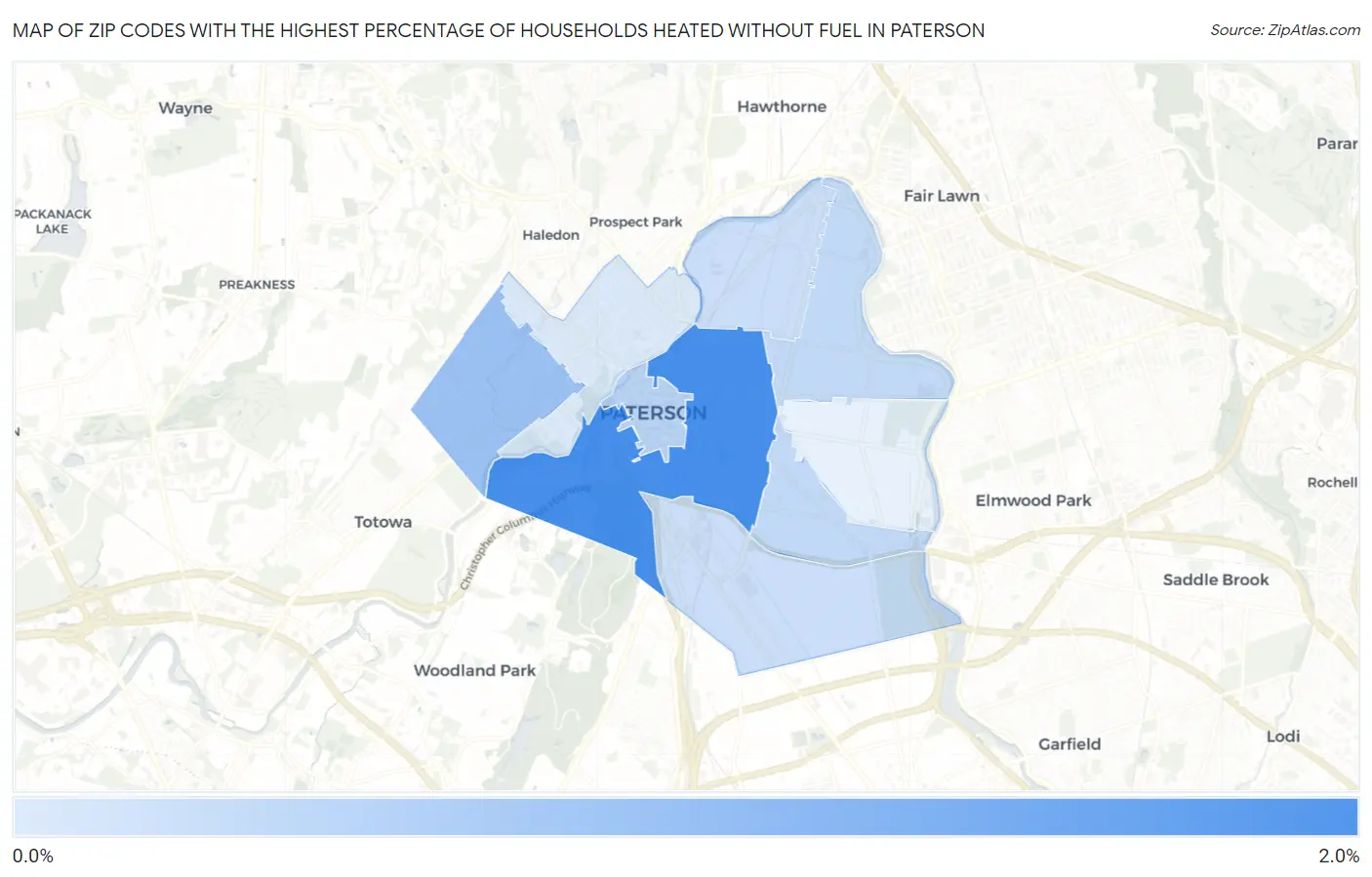 Zip Codes with the Highest Percentage of Households Heated without Fuel in Paterson Map