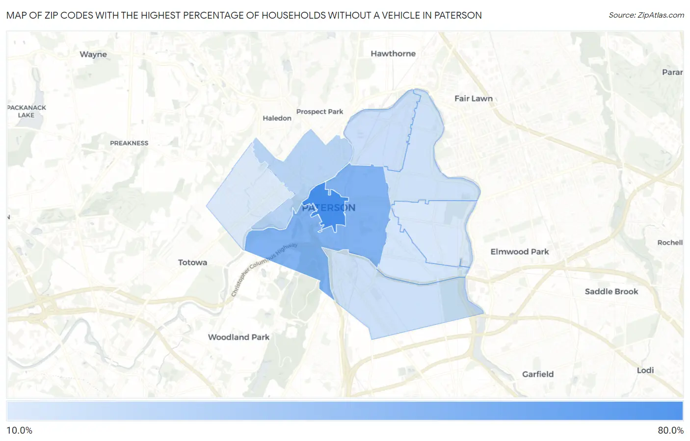 Zip Codes with the Highest Percentage of Households Without a Vehicle in Paterson Map