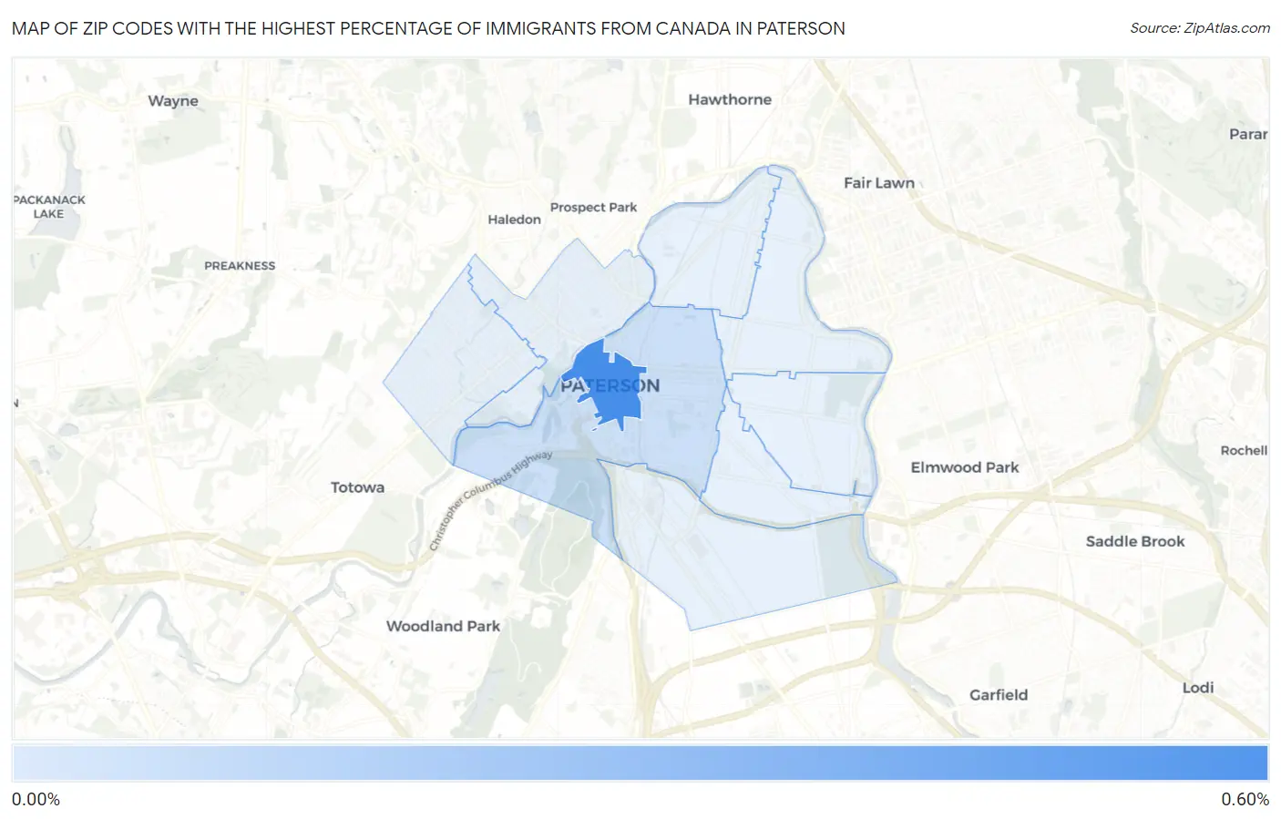 Zip Codes with the Highest Percentage of Immigrants from Canada in Paterson Map