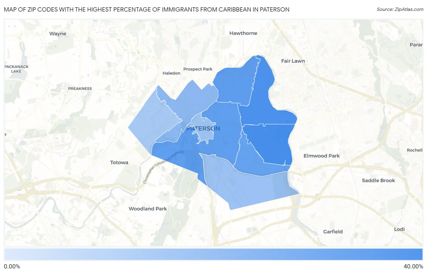 Zip Codes with the Highest Percentage of Immigrants from Caribbean in Paterson Map