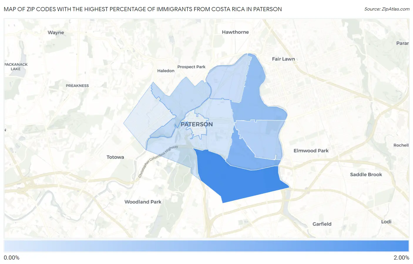 Zip Codes with the Highest Percentage of Immigrants from Costa Rica in Paterson Map