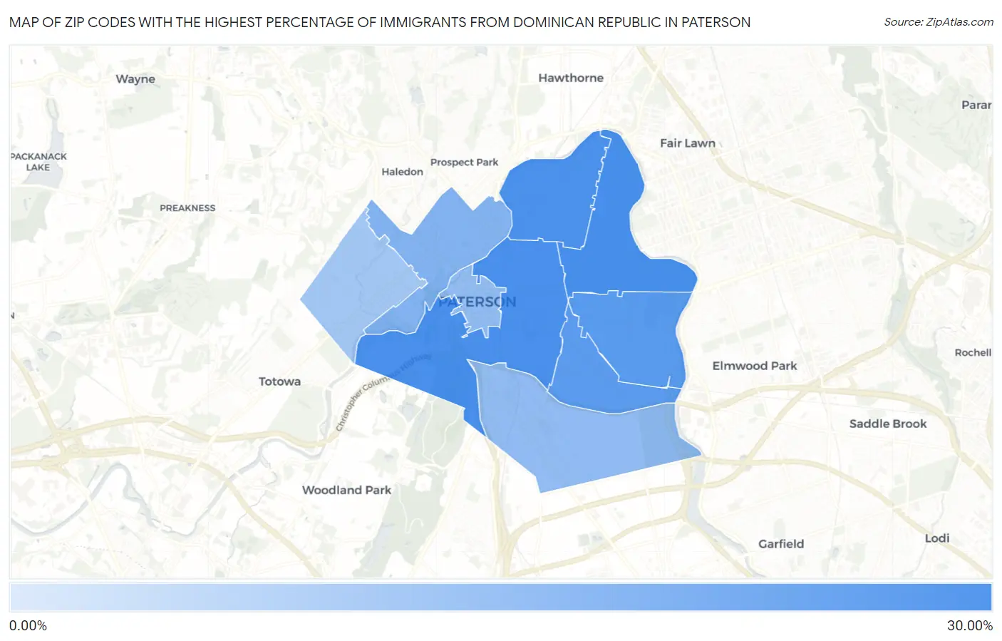 Zip Codes with the Highest Percentage of Immigrants from Dominican Republic in Paterson Map