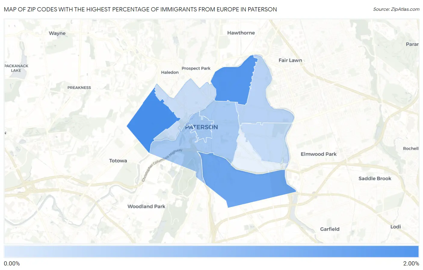 Zip Codes with the Highest Percentage of Immigrants from Europe in Paterson Map