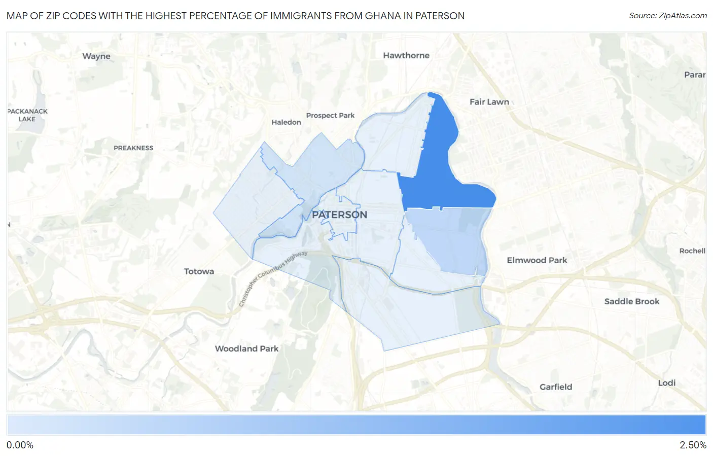 Zip Codes with the Highest Percentage of Immigrants from Ghana in Paterson Map