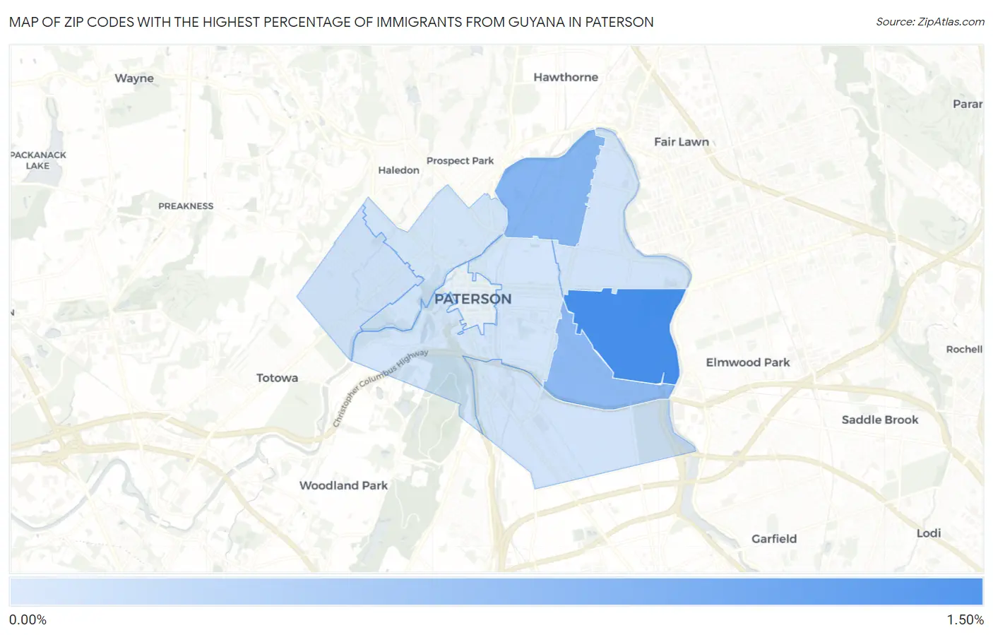 Zip Codes with the Highest Percentage of Immigrants from Guyana in Paterson Map