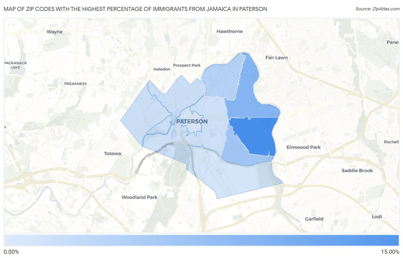 Zip Codes with the Highest Percentage of Immigrants from Jamaica in Paterson Map