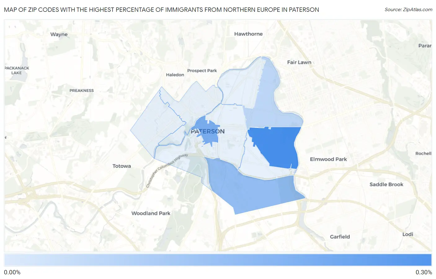 Zip Codes with the Highest Percentage of Immigrants from Northern Europe in Paterson Map