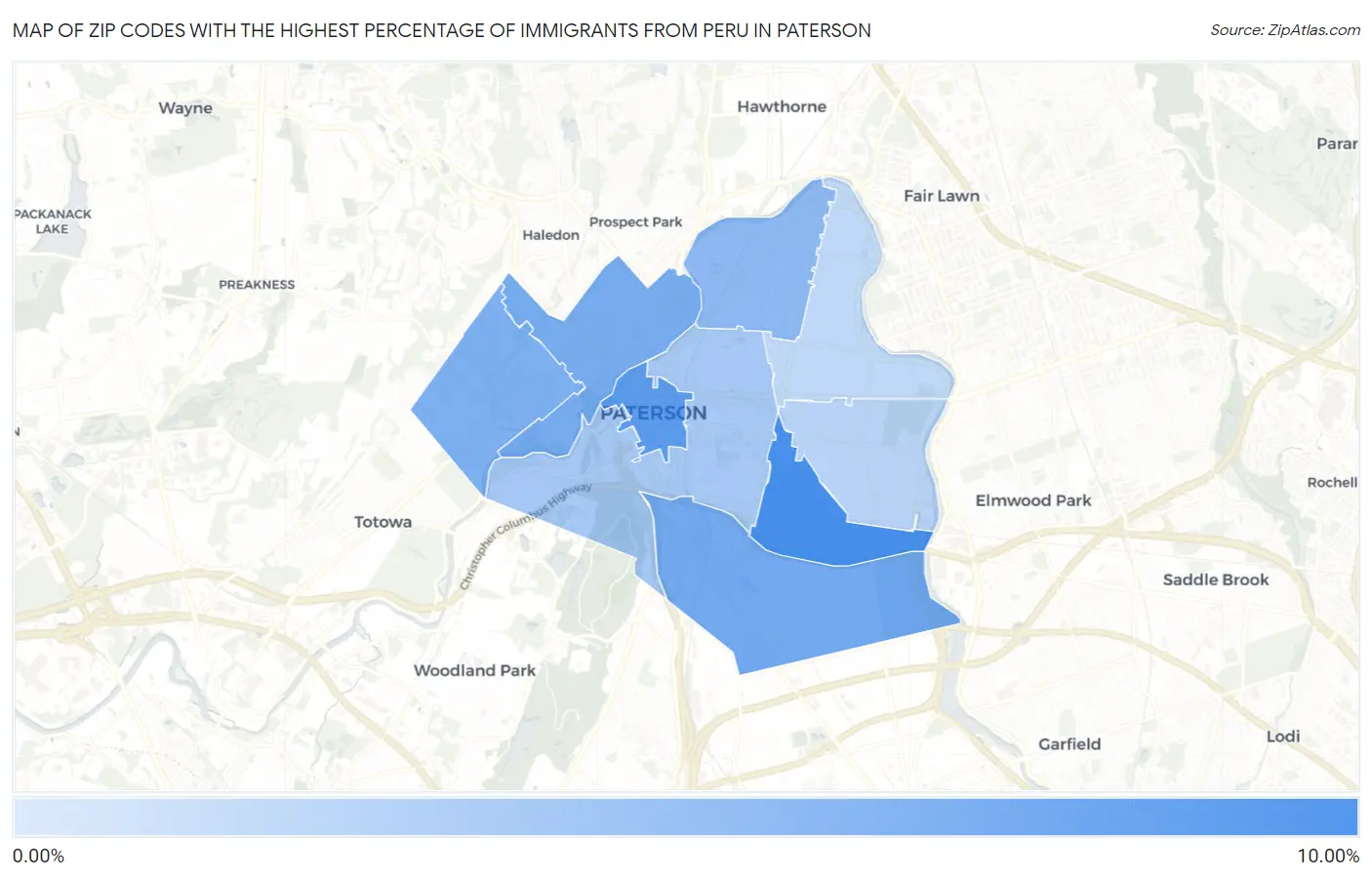 Zip Codes with the Highest Percentage of Immigrants from Peru in Paterson Map