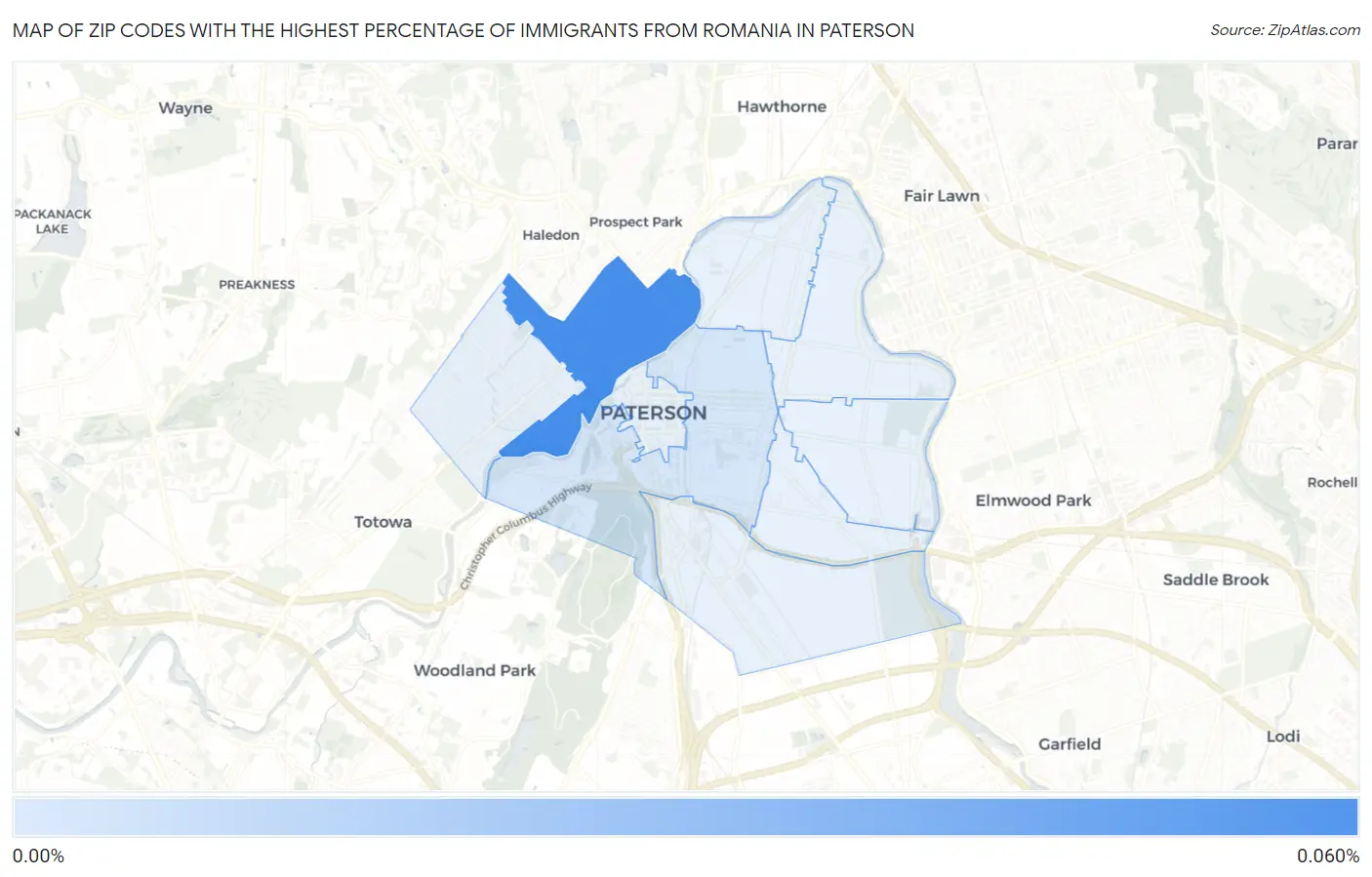 Zip Codes with the Highest Percentage of Immigrants from Romania in Paterson Map