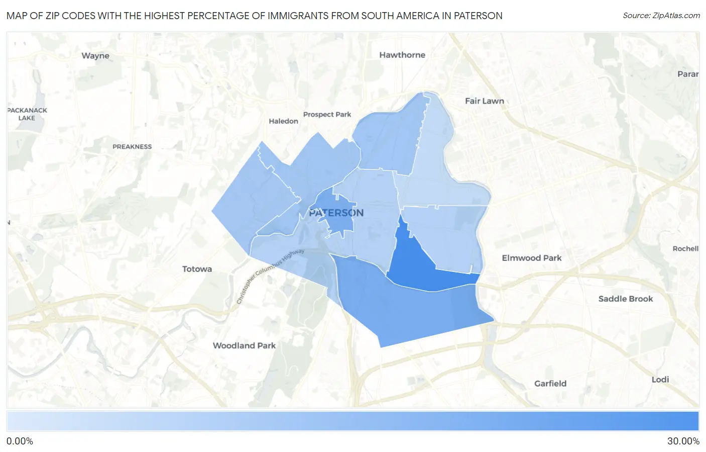 Zip Codes with the Highest Percentage of Immigrants from South America in Paterson Map