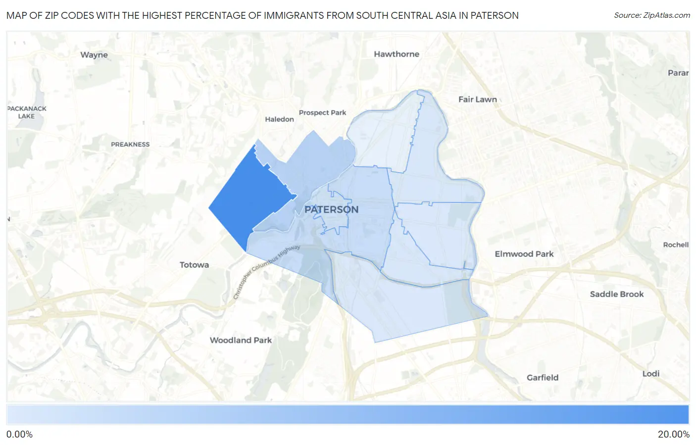 Zip Codes with the Highest Percentage of Immigrants from South Central Asia in Paterson Map