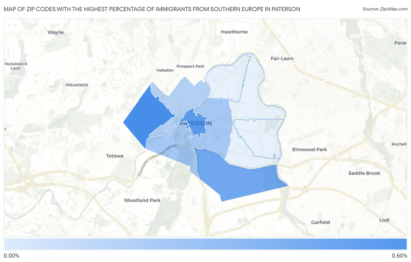Zip Codes with the Highest Percentage of Immigrants from Southern Europe in Paterson Map