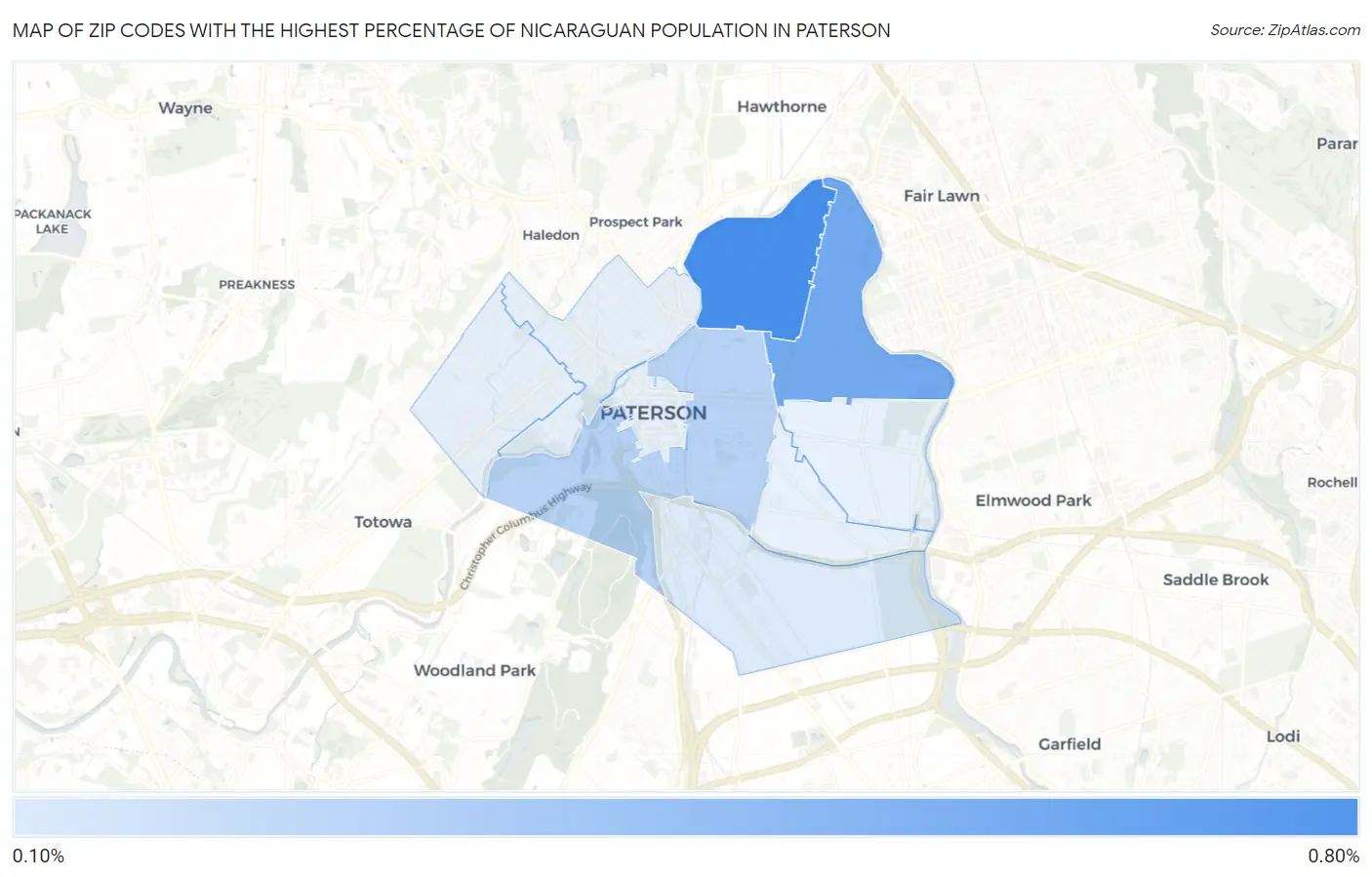 Zip Codes with the Highest Percentage of Nicaraguan Population in Paterson Map