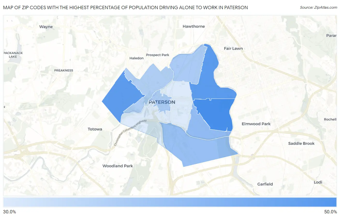Zip Codes with the Highest Percentage of Population Driving Alone to Work in Paterson Map