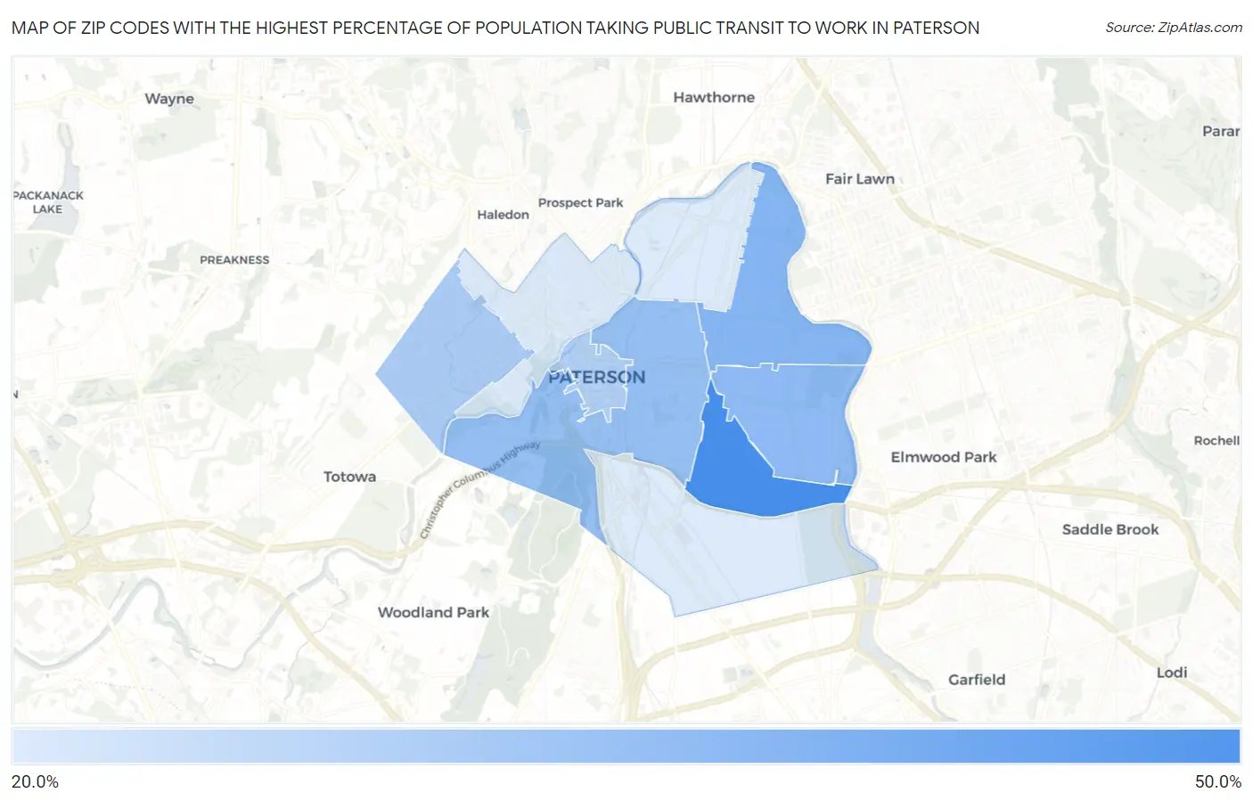 Zip Codes with the Highest Percentage of Population Taking Public Transit to Work in Paterson Map