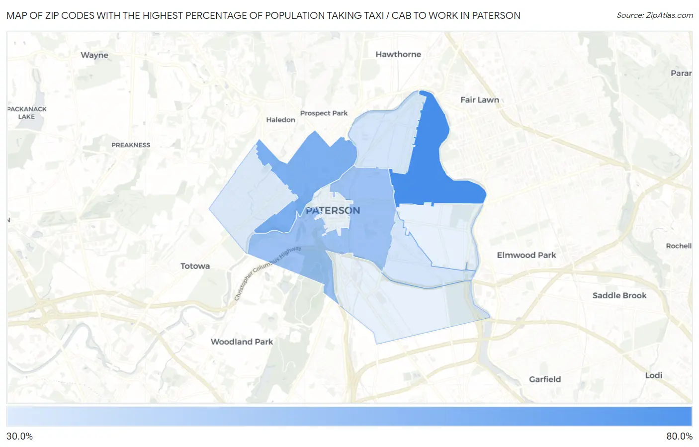 Zip Codes with the Highest Percentage of Population Taking Taxi / Cab to Work in Paterson Map